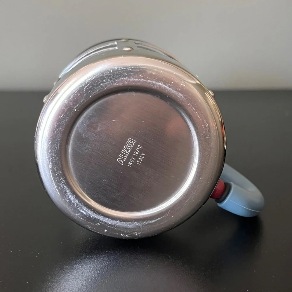 ALESSI Michael Graves Stainless Steel Glass Espresso Cup & Saucer Blue & Red